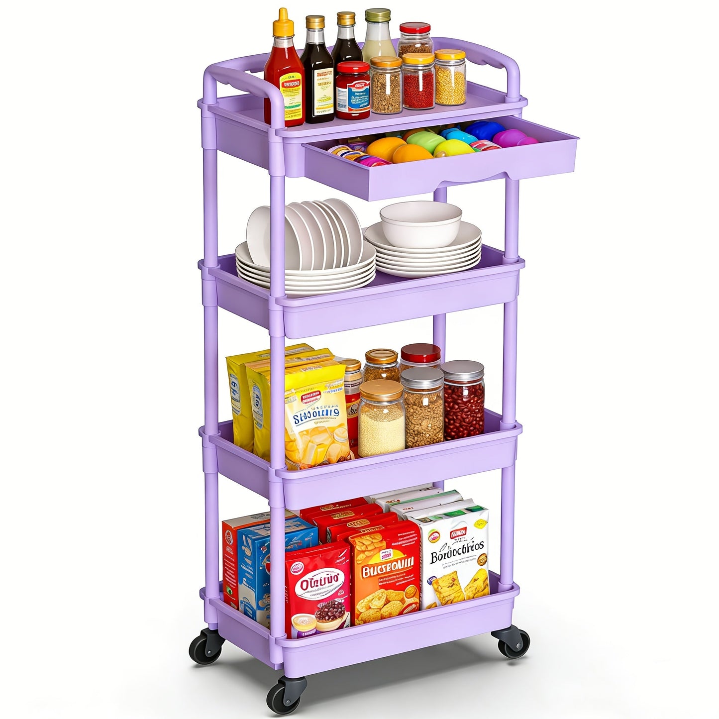 Rolling Storage Cart shown in the Purple, 4-tier-(with drawer) option