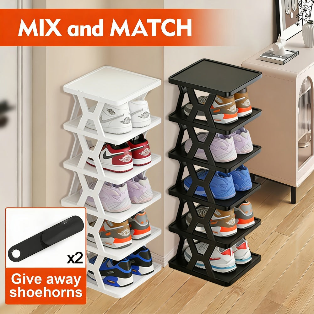 Shoe Organizer, Stackable Rack 6 or 9 Tier Vertical Plastic Shoe Rack with Shoe Horn shown in the main product view