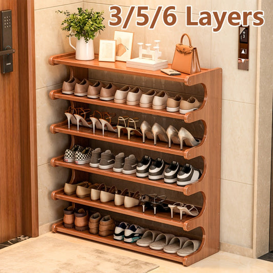 Shoe Rack, Bamboo Wide 3, 5 or 6 Tier, Wood Grain Shoe Storage Rack Holds 6 to 24 Pairs shown in the main product view