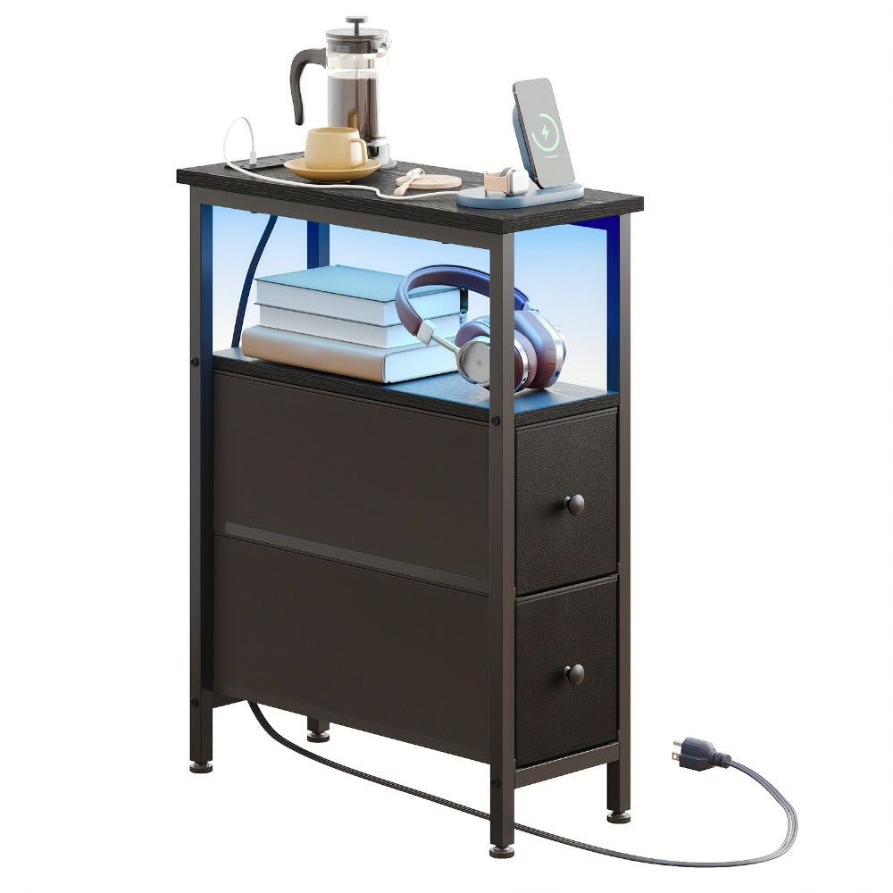 End Table, Slim with Charging Station and Fabric Drawers - Narrow Nightstand Side Table shown in the main product view