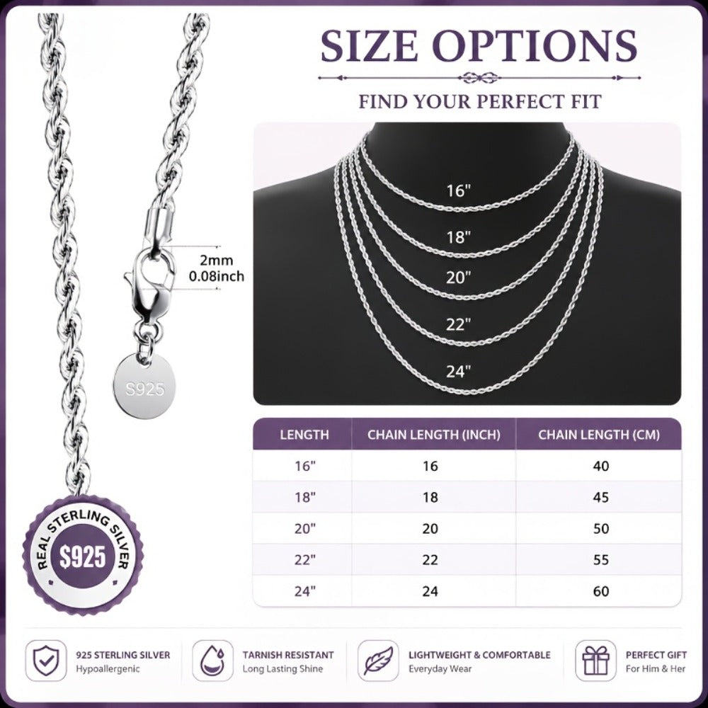 Necklace for Women - 925 Sterling Silver Twisted Rope Chain Minimalist Hip Hop Style Jewelry 16 - product detail view 5
