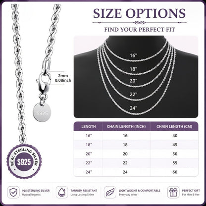 Necklace for Women - 925 Sterling Silver Twisted Rope Chain Minimalist Hip Hop Style Jewelry 16 - product detail view 5