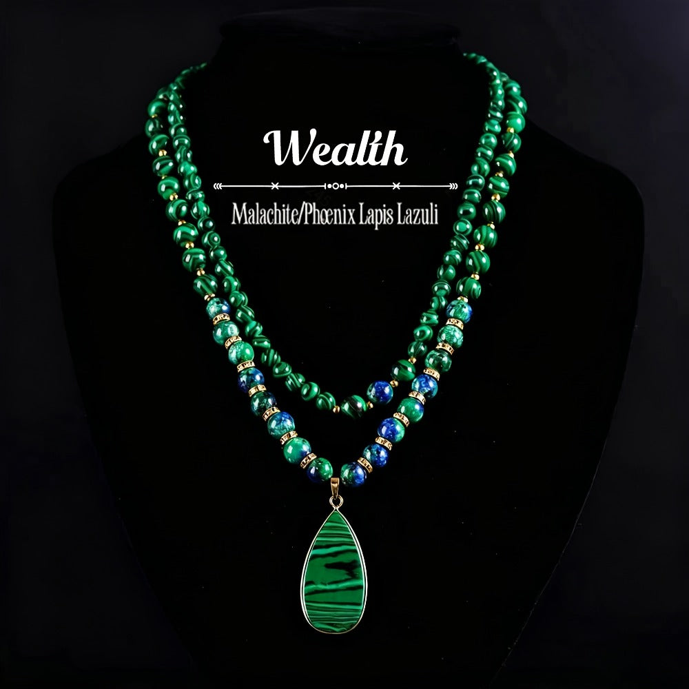 Necklace for Women - Malachite Set 2Pcs - Natural Stone Beads Lapis Lazuli Wealth , Handmade - main product view