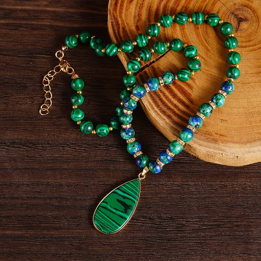 Necklace for Women - Malachite Set 2Pcs - Natural Stone Beads Lapis Lazuli Wealth , Handmade - product detail view 2