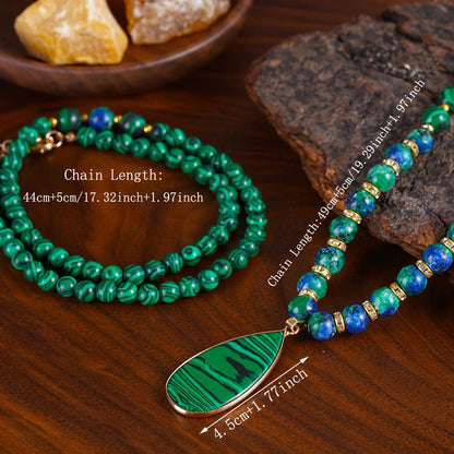 Necklace for Women - Malachite Set 2Pcs - Natural Stone Beads Lapis Lazuli Wealth , Handmade - product detail view 4