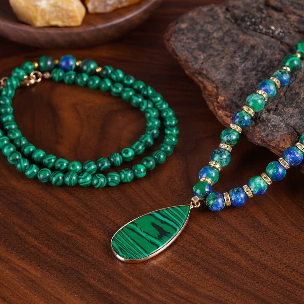 Necklace for Women - Malachite Set 2Pcs - Natural Stone Beads Lapis Lazuli Wealth , Handmade - product detail view 6