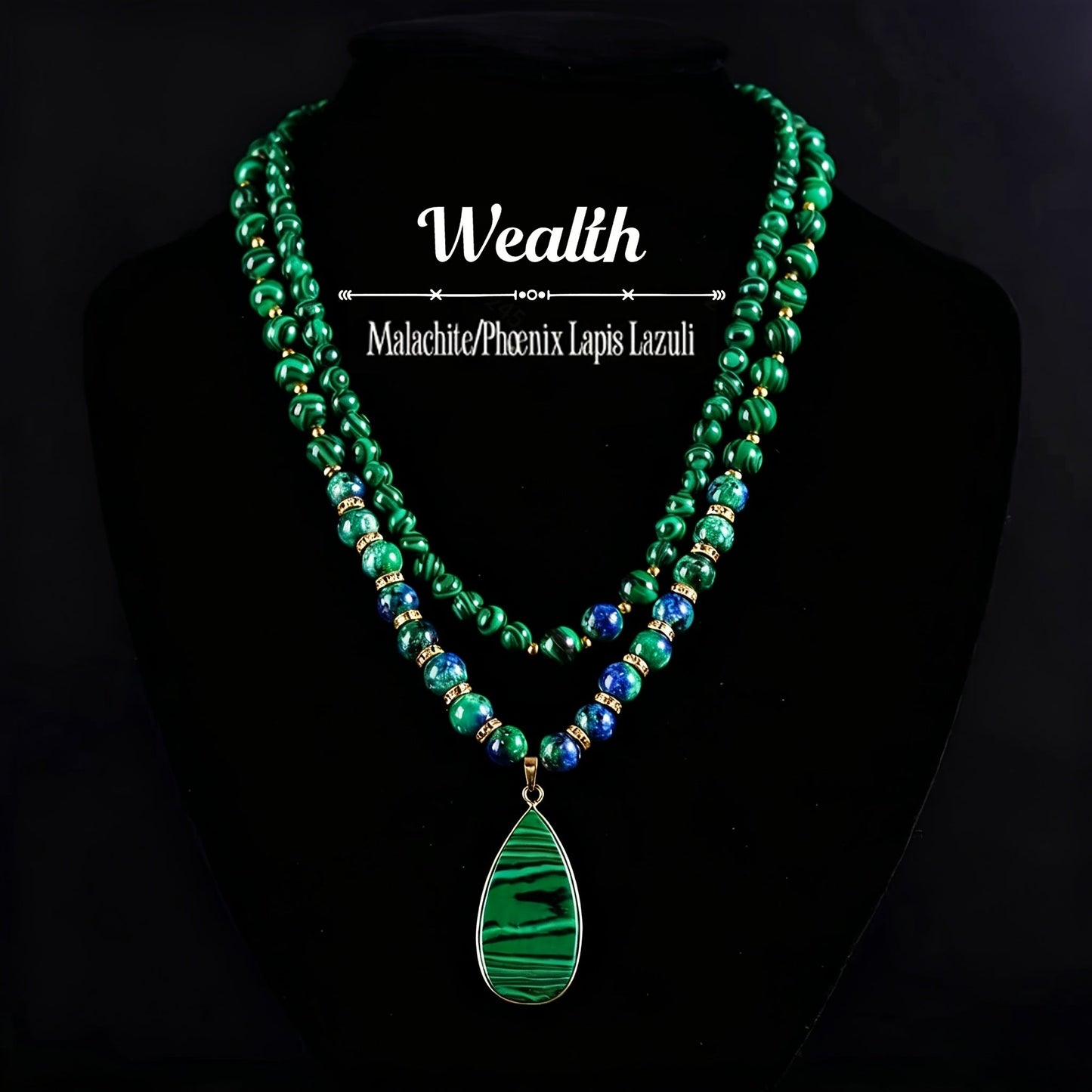 Necklace for Women - Malachite Set 2Pcs - Natural Stone Beads Lapis Lazuli Wealth , Handmade - product detail view 7