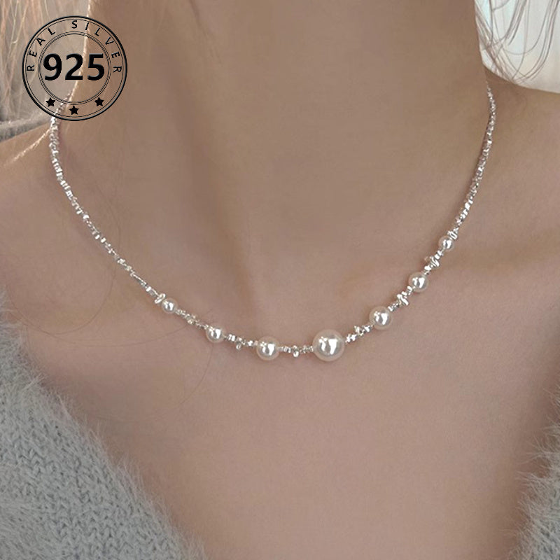 Necklace for Women - S925 Sterling Silver Pearl for Elegant Faux Pearl Clavicle Chain, Retro - product detail view 7