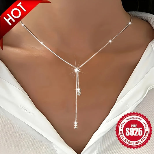 Necklace for Women - Y-Shape 925 Sterling Silver Adjustable Bead Slider Hypoallergenic - main product view