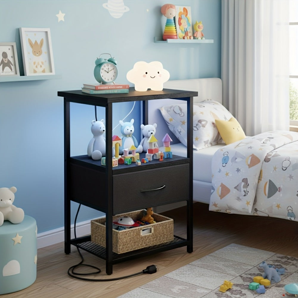 Nightstand with Charging Station, LED Light & Drawer - PU Finish Bedside Table shown in the main product view