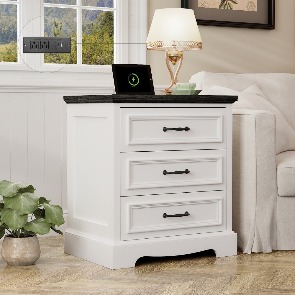 Nightstand with Charging Station - Farmhouse White Bedside Table with 3 Drawers, USB Ports shown in the main product view