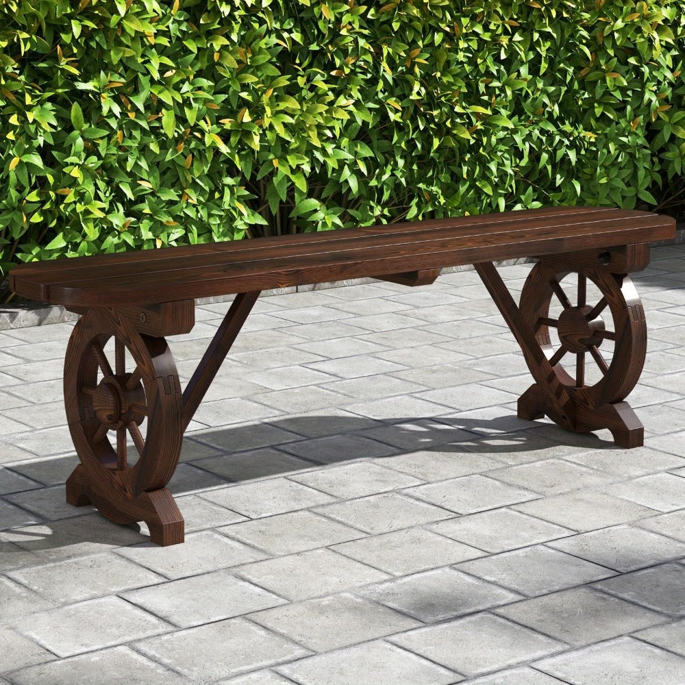 Outdoor Bench, Carbonized Fir Wood with Wagon Wheel Base - 2-Person Slatted Seat Patio shown in the main product view
