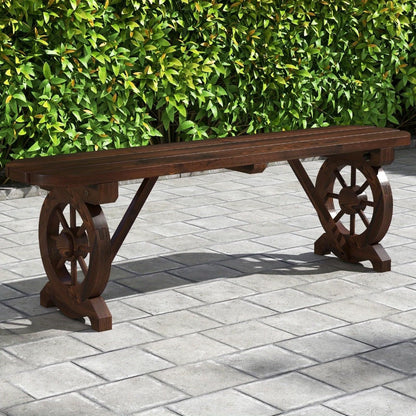 Outdoor Bench, Carbonized Fir Wood with Wagon Wheel Base - 2-Person Slatted Seat Patio shown in the main product view