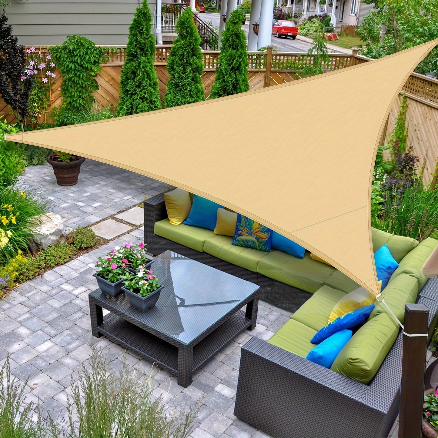 Sun Shade Sail shown in the Sand, 10'x10'x14' option