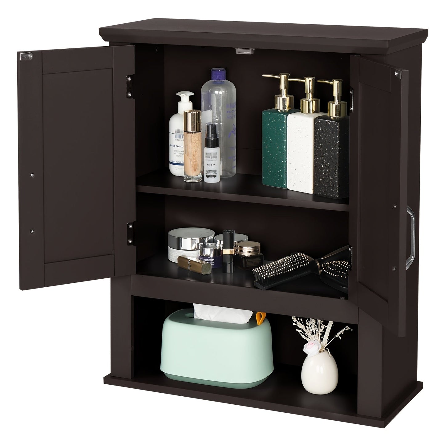 Over The Toilet Cabinet shown in the Espresso, 8.5"D x 21"W x 25.2"H option