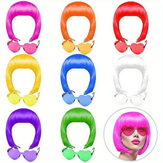 Party Supplies - Wig and Sunglasses Set 14-16 Pieces - Neon Colorful Short Bob Wigs with - product detail view 2
