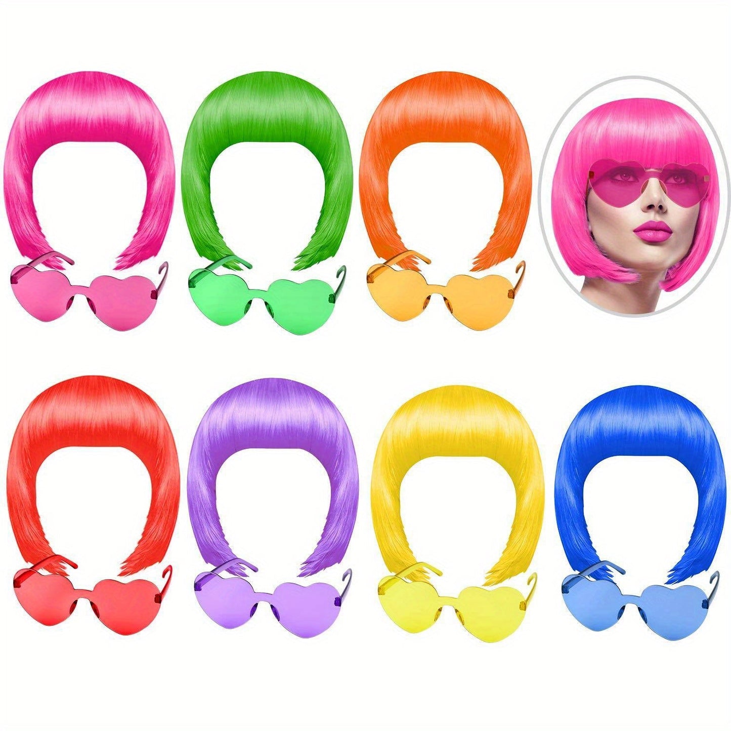 Party Supplies - Wig and Sunglasses Set 14-16 Pieces - Neon Colorful Short Bob Wigs with - product detail view 9