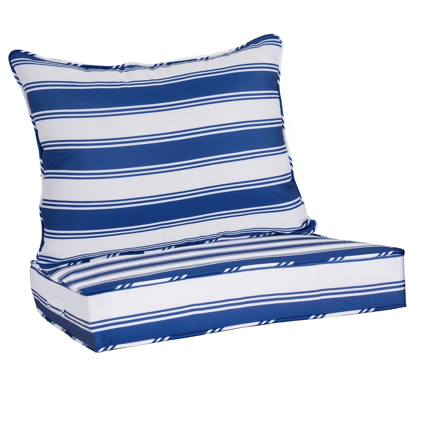 Patio Cushion shown in the Dark blue with white stripes option