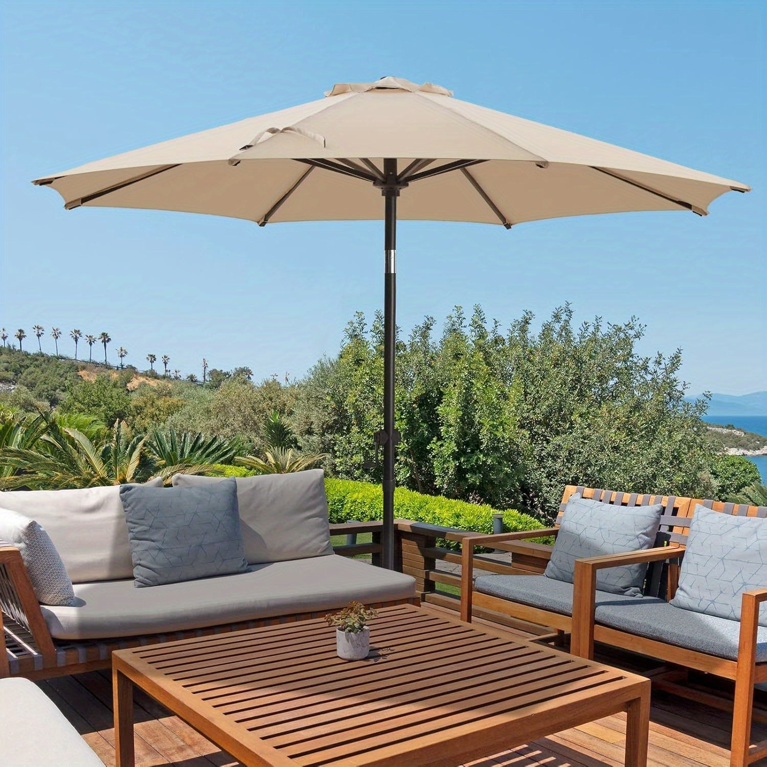 Patio Umbrella shown in the Khaki, 9 FT option