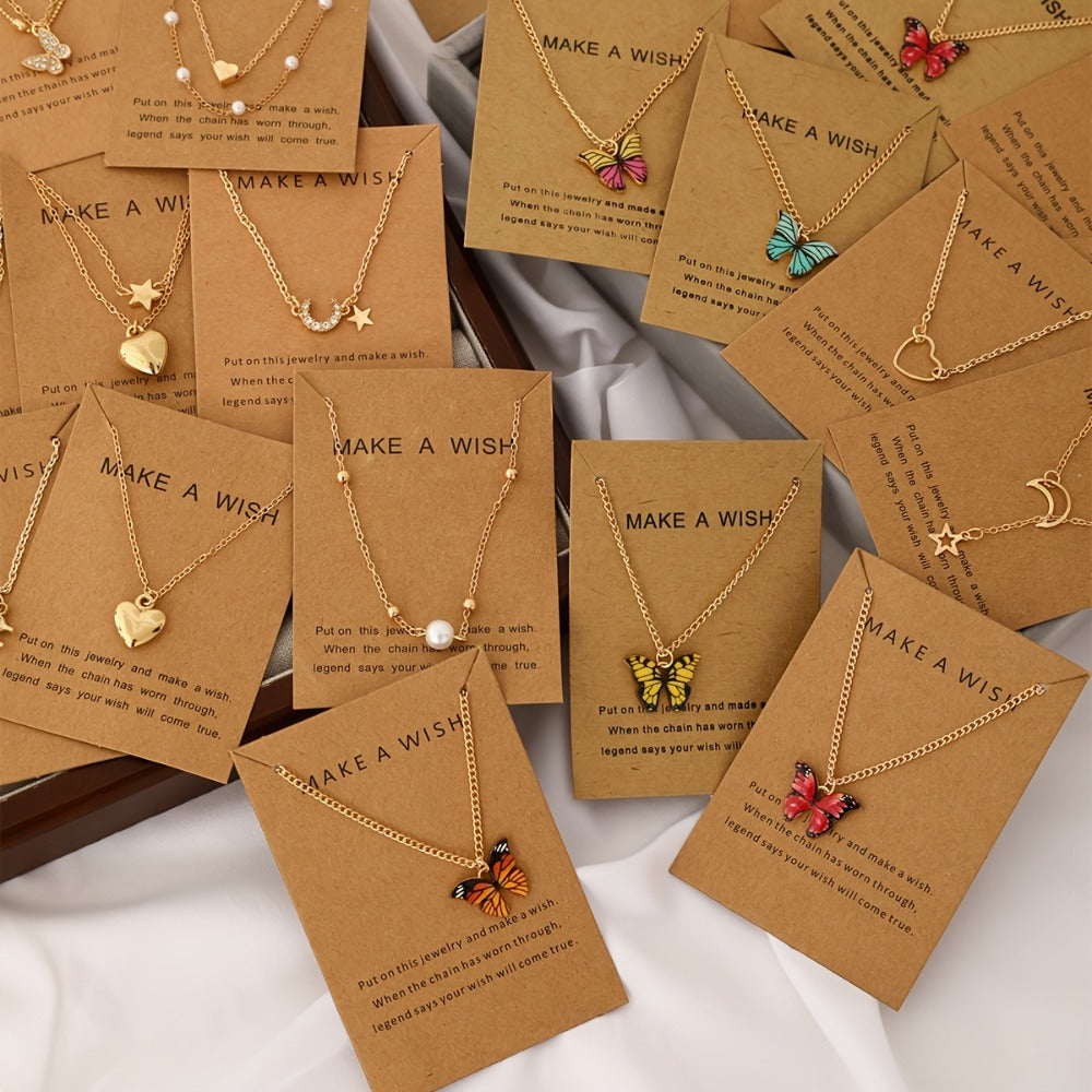 Pendant Necklace - Minimalist Set for Women Star Moon Heart Bow Butterfly Rhinestone Drip Oil - product detail view 8