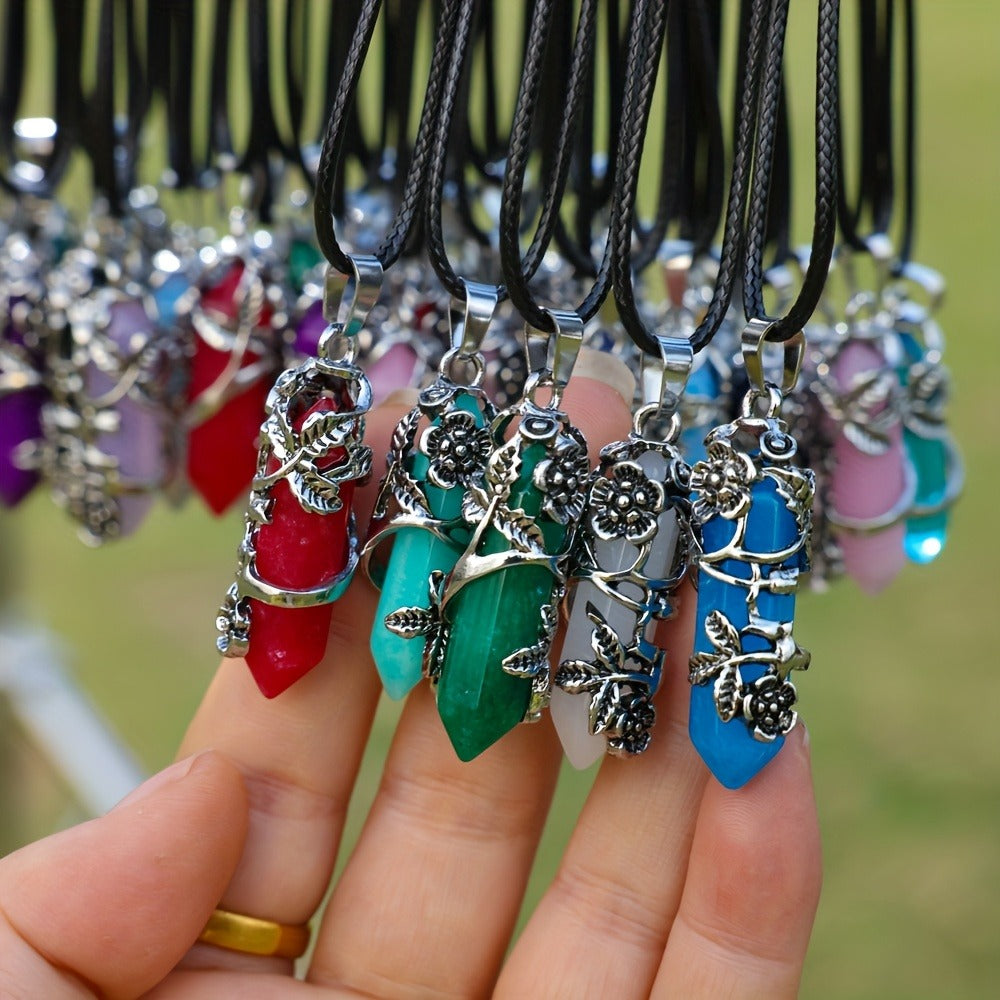 Pendant Necklace - Natural Stone Hexagonal Set 40pcs Bulk Bohemian Geometric Wrap Flower - product detail view 2