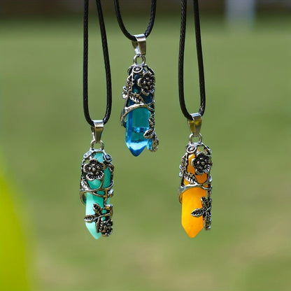 Pendant Necklace - Natural Stone Hexagonal Set 40pcs Bulk Bohemian Geometric Wrap Flower - product detail view 4