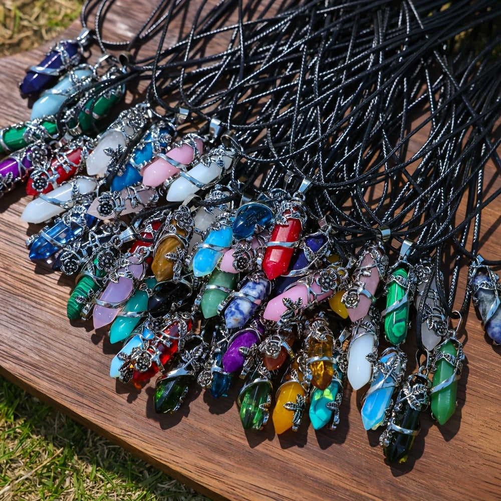 Pendant Necklace - Natural Stone Hexagonal Set 40pcs Bulk Bohemian Geometric Wrap Flower - product detail view 5