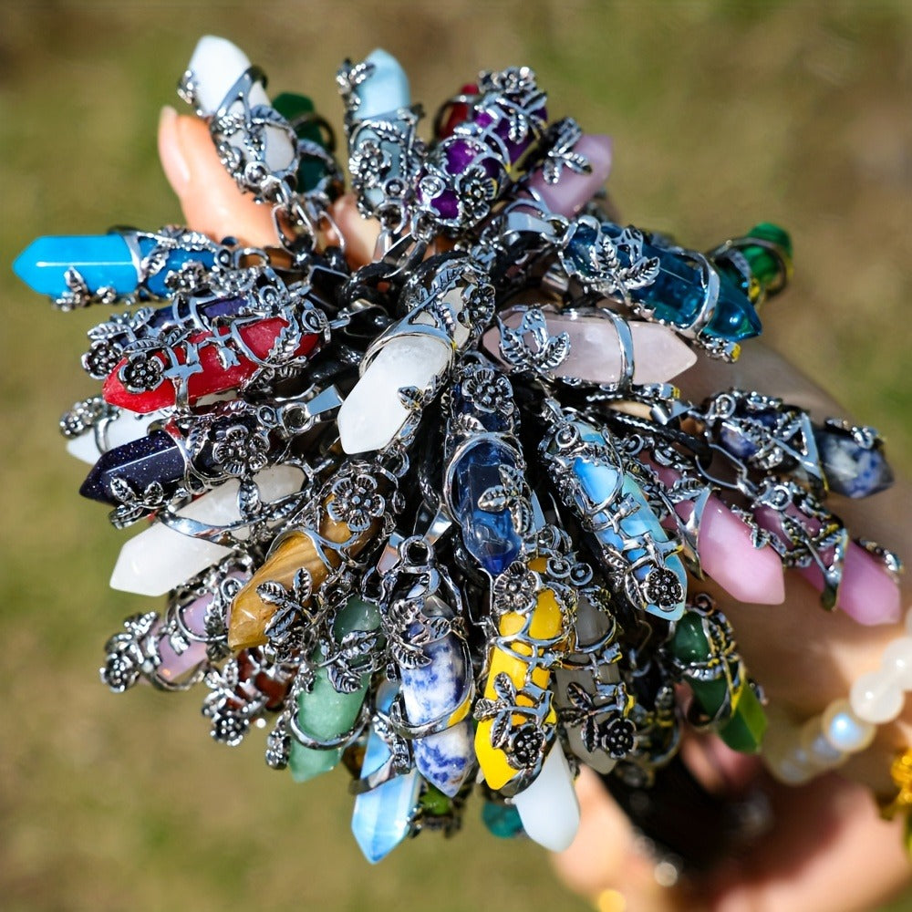 Pendant Necklace - Natural Stone Hexagonal Set 40pcs Bulk Bohemian Geometric Wrap Flower - product detail view 6