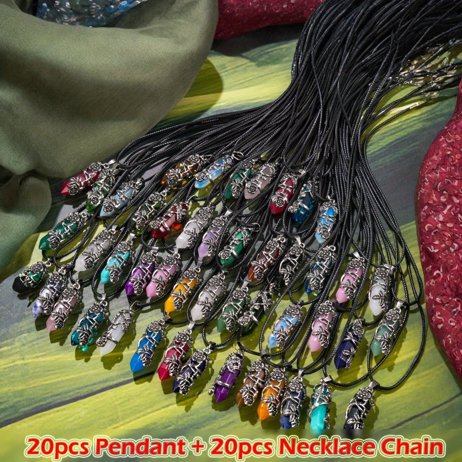 Pendant Necklace - Natural Stone Hexagonal Set 40pcs Bulk Bohemian Geometric Wrap Flower - product detail view 8