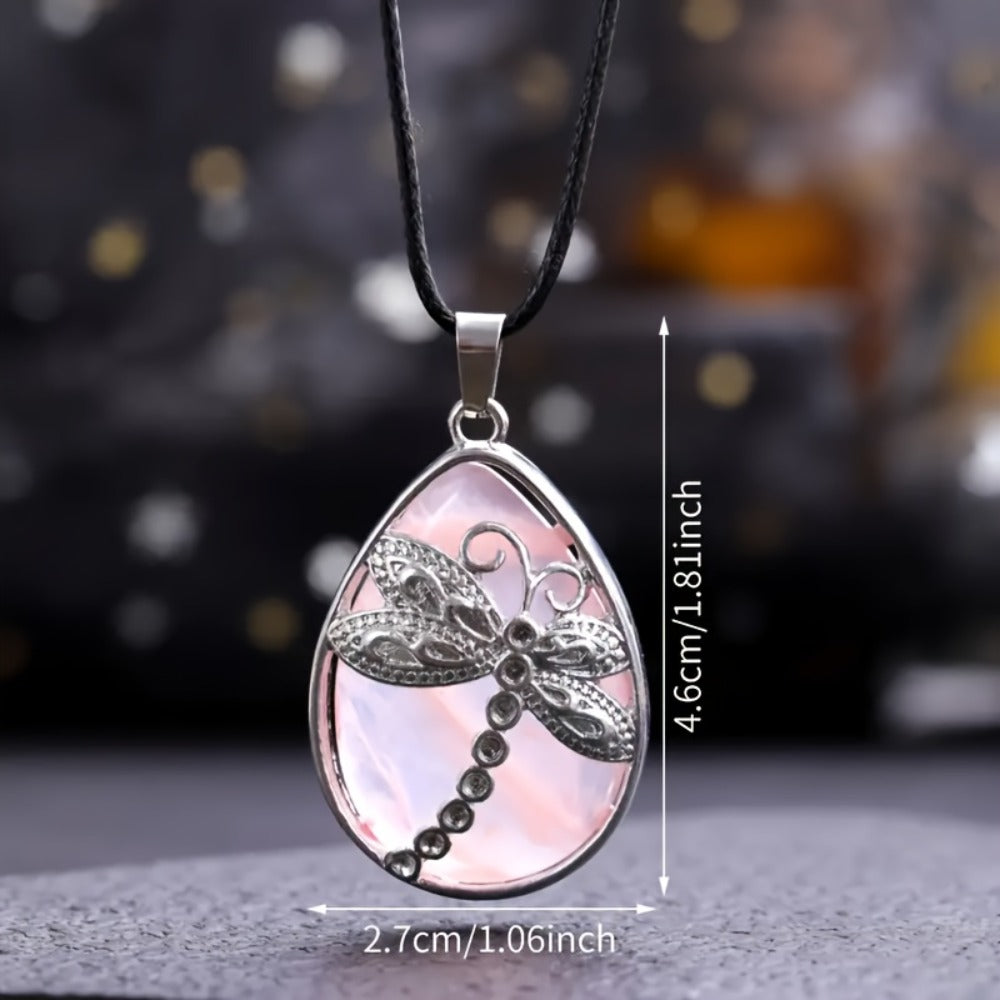 Pendant Necklace - Set 10pcs Dragonfly Charm with Natural Water Drop Stone, 5 + 5 Adjustable - product detail view 2