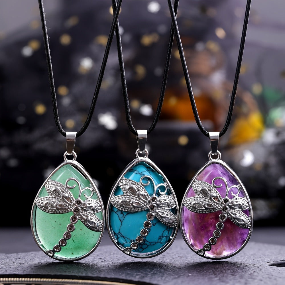 Pendant Necklace - Set 10pcs Dragonfly Charm with Natural Water Drop Stone, 5 + 5 Adjustable - product detail view 4