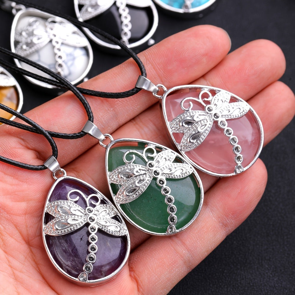 Pendant Necklace - Set 10pcs Dragonfly Charm with Natural Water Drop Stone, 5 + 5 Adjustable - product detail view 5