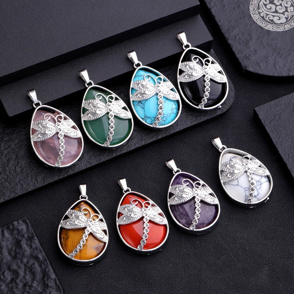 Pendant Necklace - Set 10pcs Dragonfly Charm with Natural Water Drop Stone, 5 + 5 Adjustable - product detail view 6