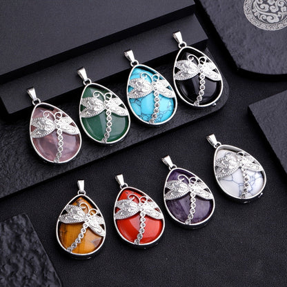Pendant Necklace - Set 10pcs Dragonfly Charm with Natural Water Drop Stone, 5 + 5 Adjustable - product detail view 6