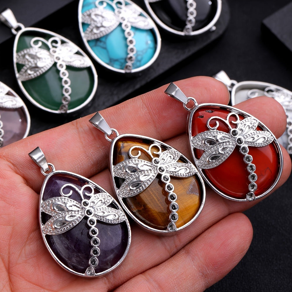 Pendant Necklace - Set 10pcs Dragonfly Charm with Natural Water Drop Stone, 5 + 5 Adjustable - product detail view 8