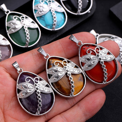 Pendant Necklace - Set 10pcs Dragonfly Charm with Natural Water Drop Stone, 5 + 5 Adjustable - product detail view 8