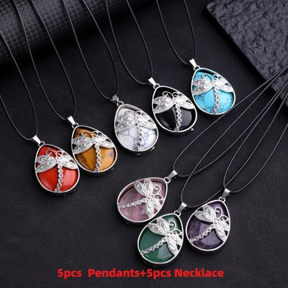 Pendant Necklace - Set 10pcs Dragonfly Charm with Natural Water Drop Stone, 5 + 5 Adjustable - product detail view 9