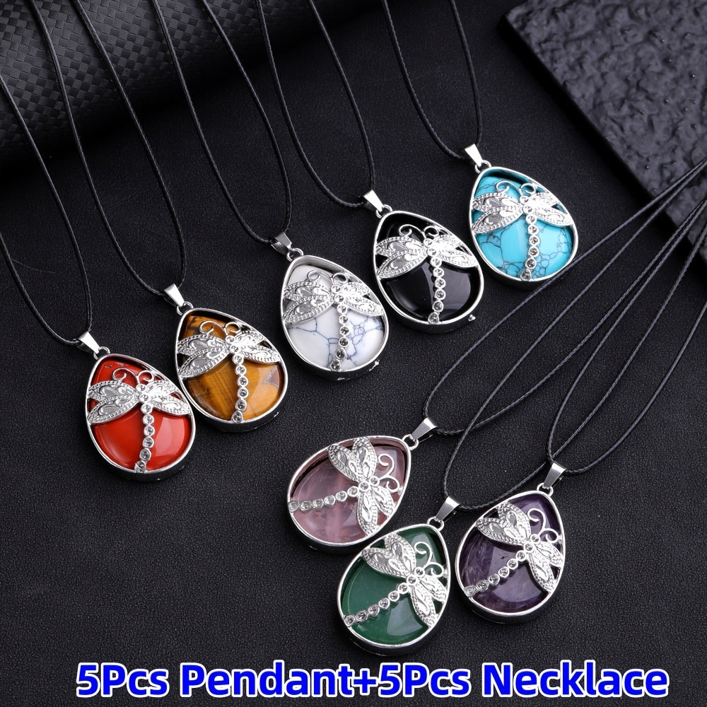Pendant Necklace - Set 10pcs Dragonfly Charm with Natural Water Drop Stone, 5 + 5 Adjustable - product detail view 10