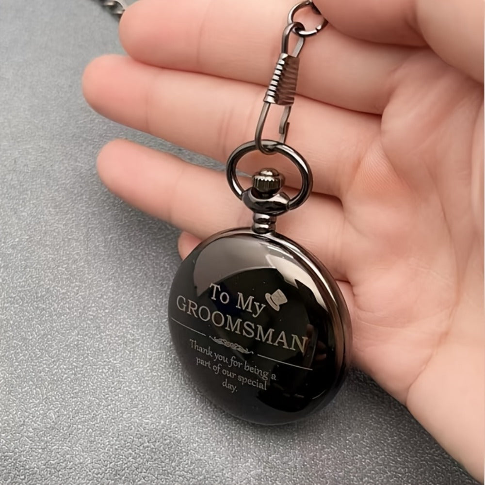 Pocket Watch - for Men Classic Engraved Quartz Round Design World Time Groomsmen Gift - product detail view 3