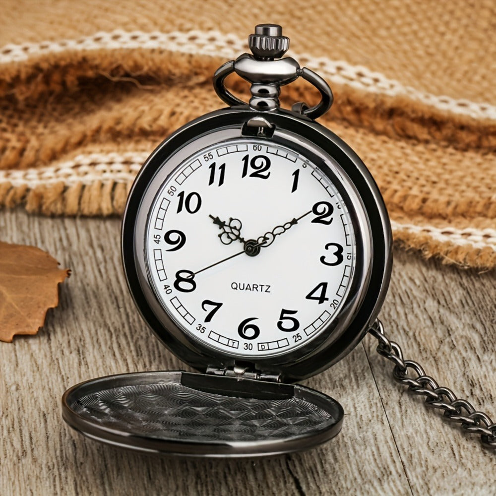 Pocket Watch - for Men Classic Engraved Quartz Round Design World Time Groomsmen Gift - product detail view 4