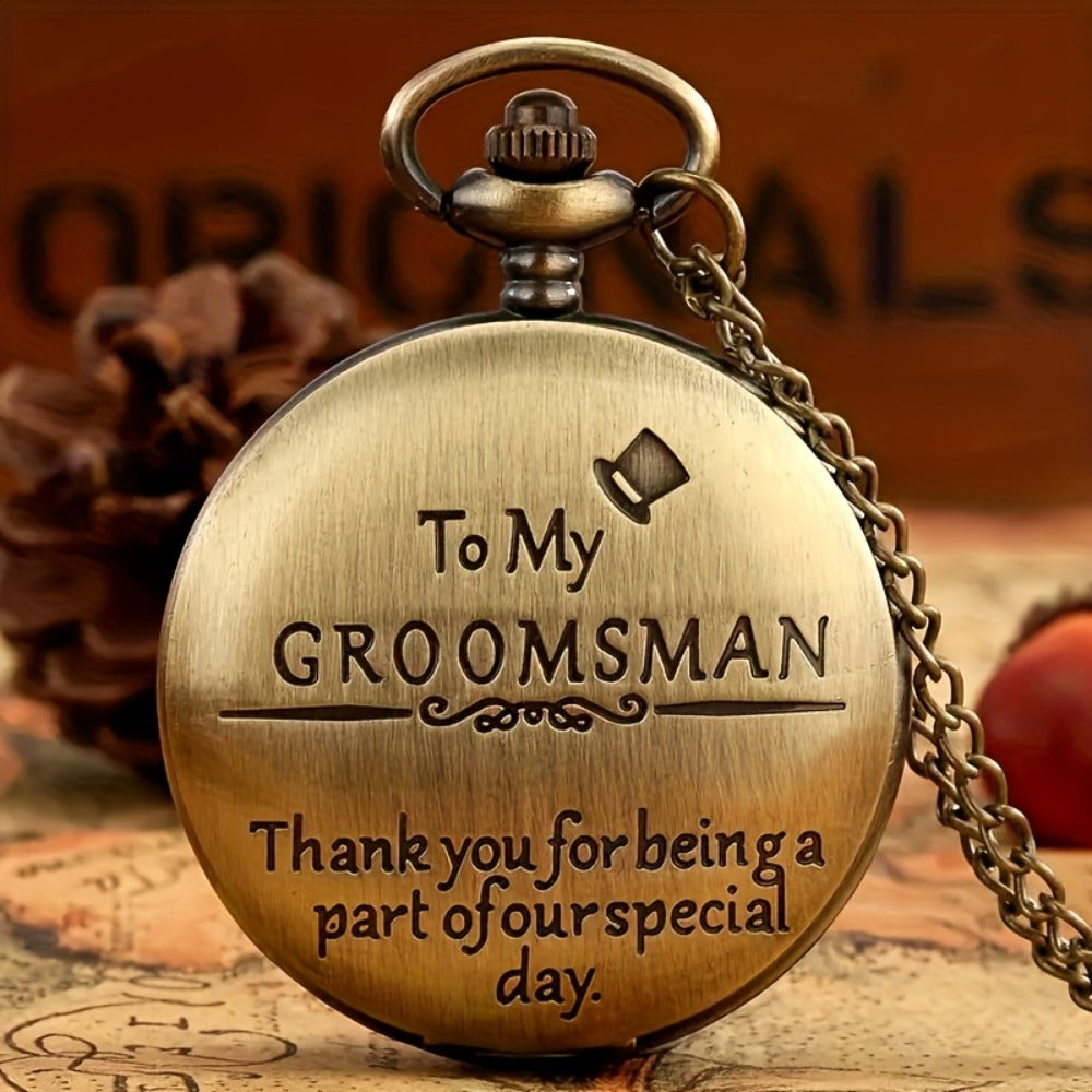 Pocket Watch - for Men Classic Engraved Quartz Round Design World Time Groomsmen Gift - product detail view 5