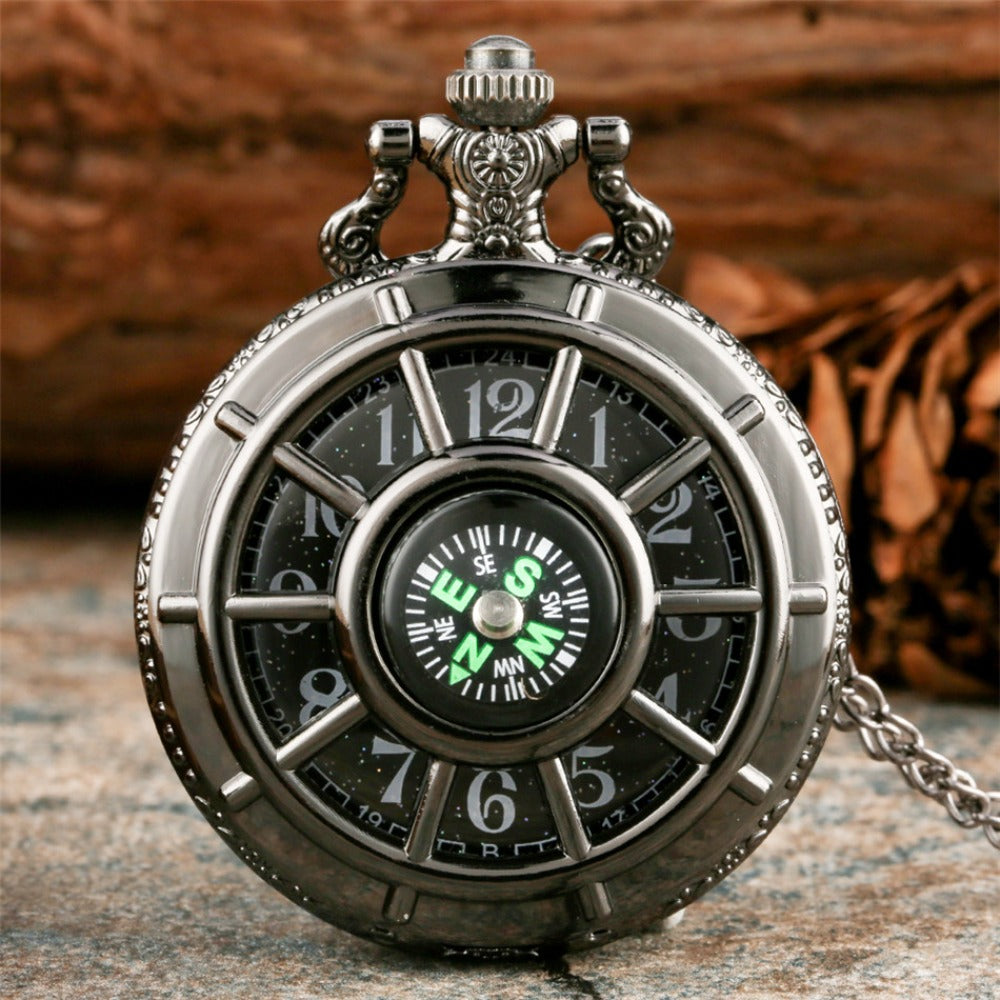 Pocket Watch - Vintage Hollow Skeleton Compass Design Black Starry Round Dial Pendant - main product view