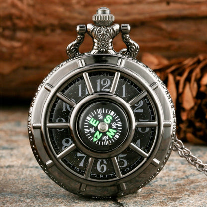 Pocket Watch - Vintage Hollow Skeleton Compass Design Black Starry Round Dial Pendant - main product view