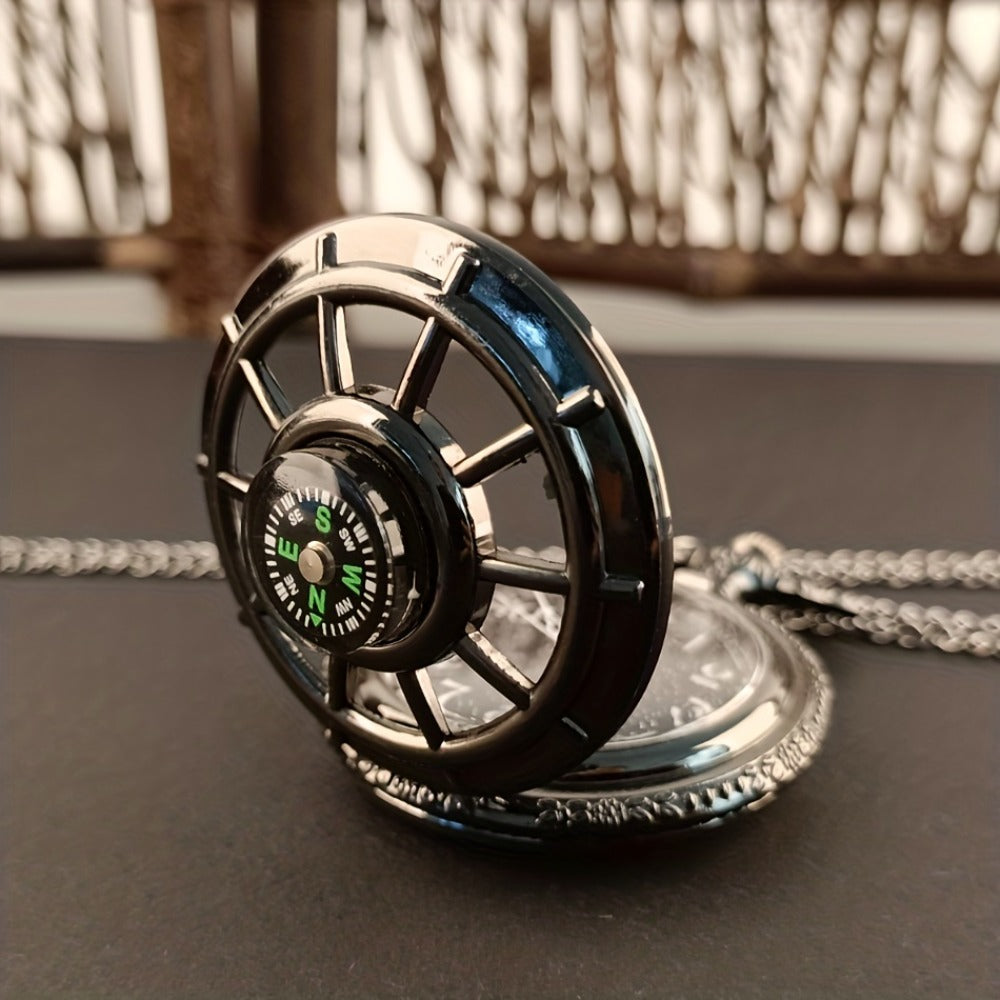 Pocket Watch - Vintage Hollow Skeleton Compass Design Black Starry Round Dial Pendant - product detail view 2