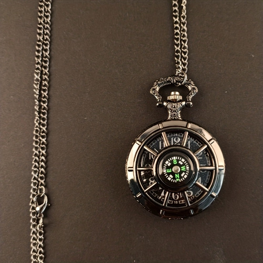 Pocket Watch - Vintage Hollow Skeleton Compass Design Black Starry Round Dial Pendant - product detail view 3