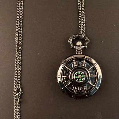 Pocket Watch - Vintage Hollow Skeleton Compass Design Black Starry Round Dial Pendant - product detail view 3