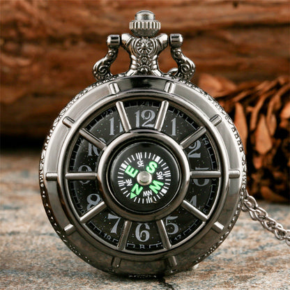 Pocket Watch - Vintage Hollow Skeleton Compass Design Black Starry Round Dial Pendant - product detail view 6