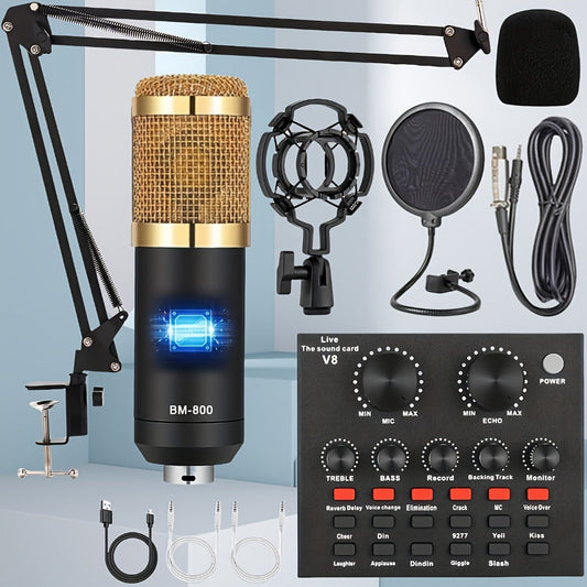Podcast Equipment Set, Wired Microphone, BM800 Podcast Condenser Microphone And V8 Sound Card, Voice Changer-Audio Interface - Suitable for Recording, Singing, Streaming Media And Games product image