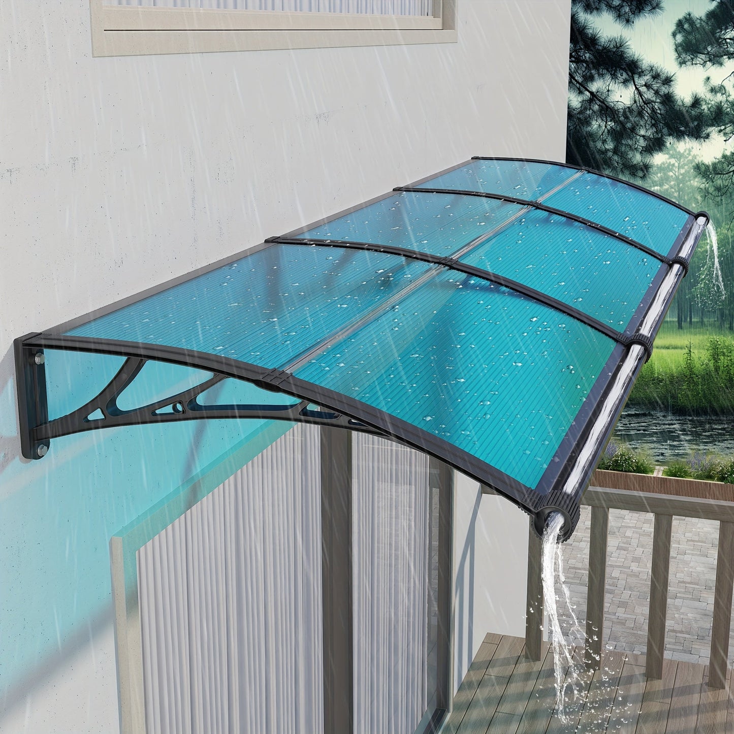 Door Awning shown in the Black Hold & Blue Panel, 80x300cm 32"x120" option