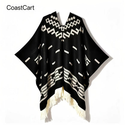 Ponchos & Shawls - Poncho for Men Vintage Geometric Pattern Tassel Detail Warm Acrylic Shawl - product detail view 3